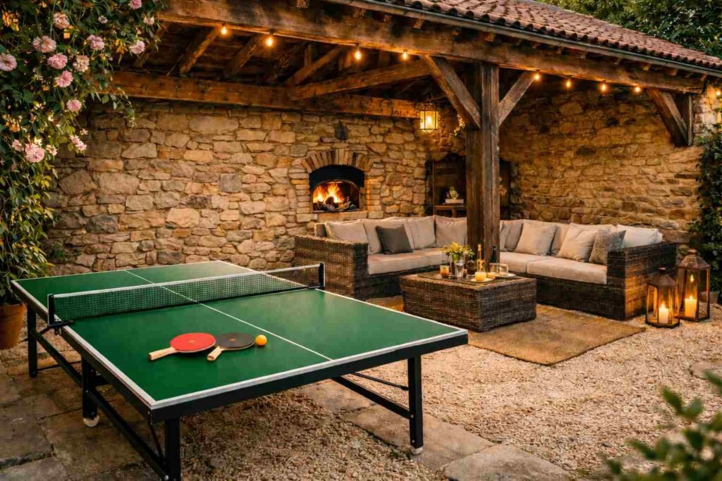 terraza de piedra con horno de pan, sillones de exterior y pingpong