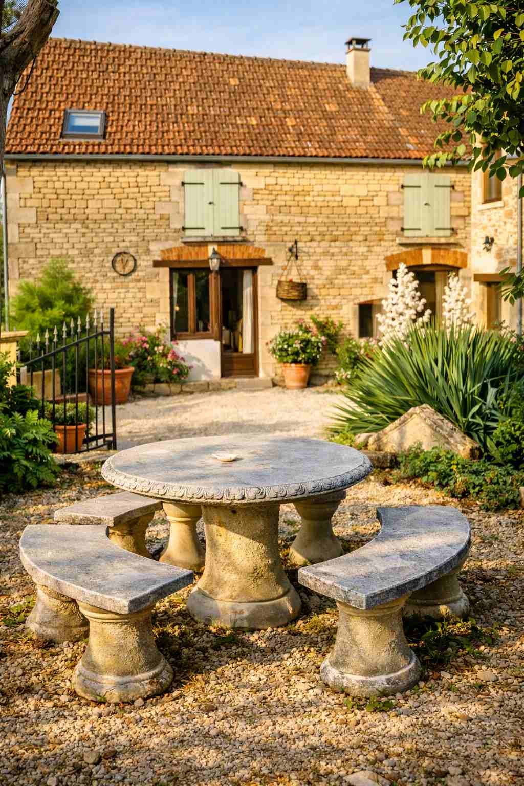terraza con mesa y bancas circulares de piedra. enfrente de casa de piedra