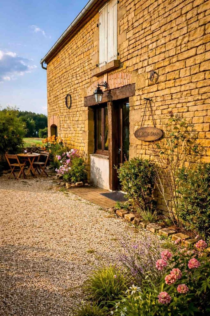 entrada de casa de piedra con arbustos