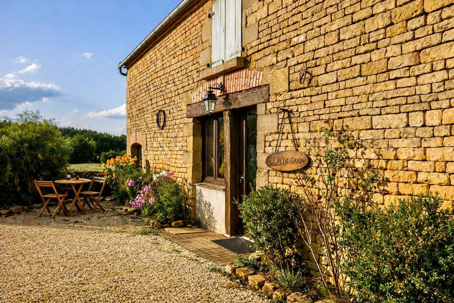 hermosa entrada de casa de piedra iluminada por un atardecer