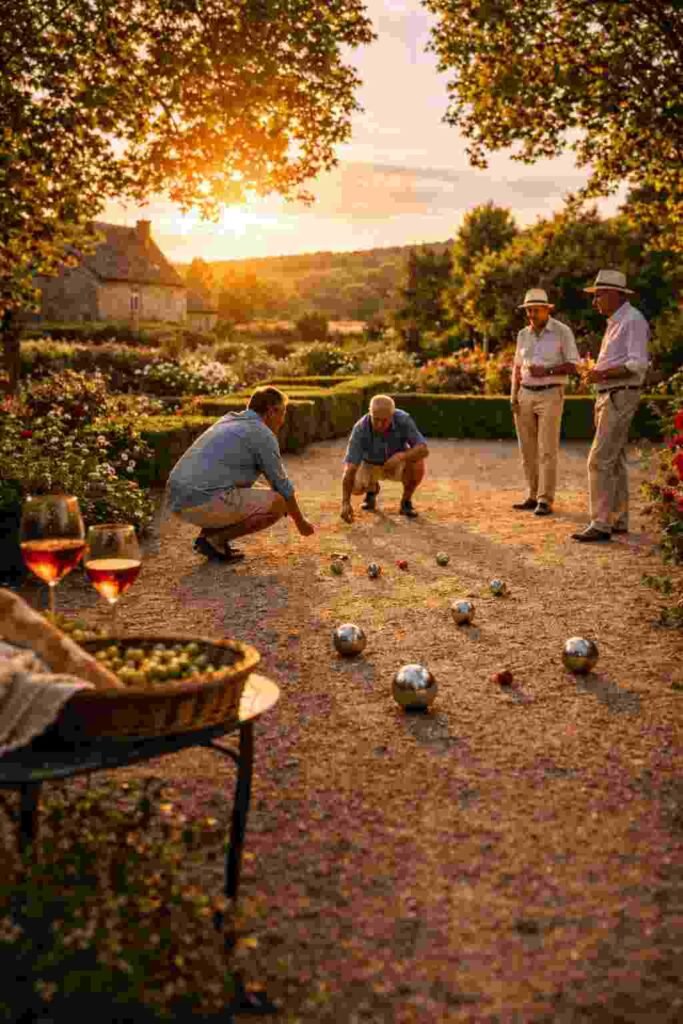 viejitos jugando la petanca en un jardin con un hermoso atardecer